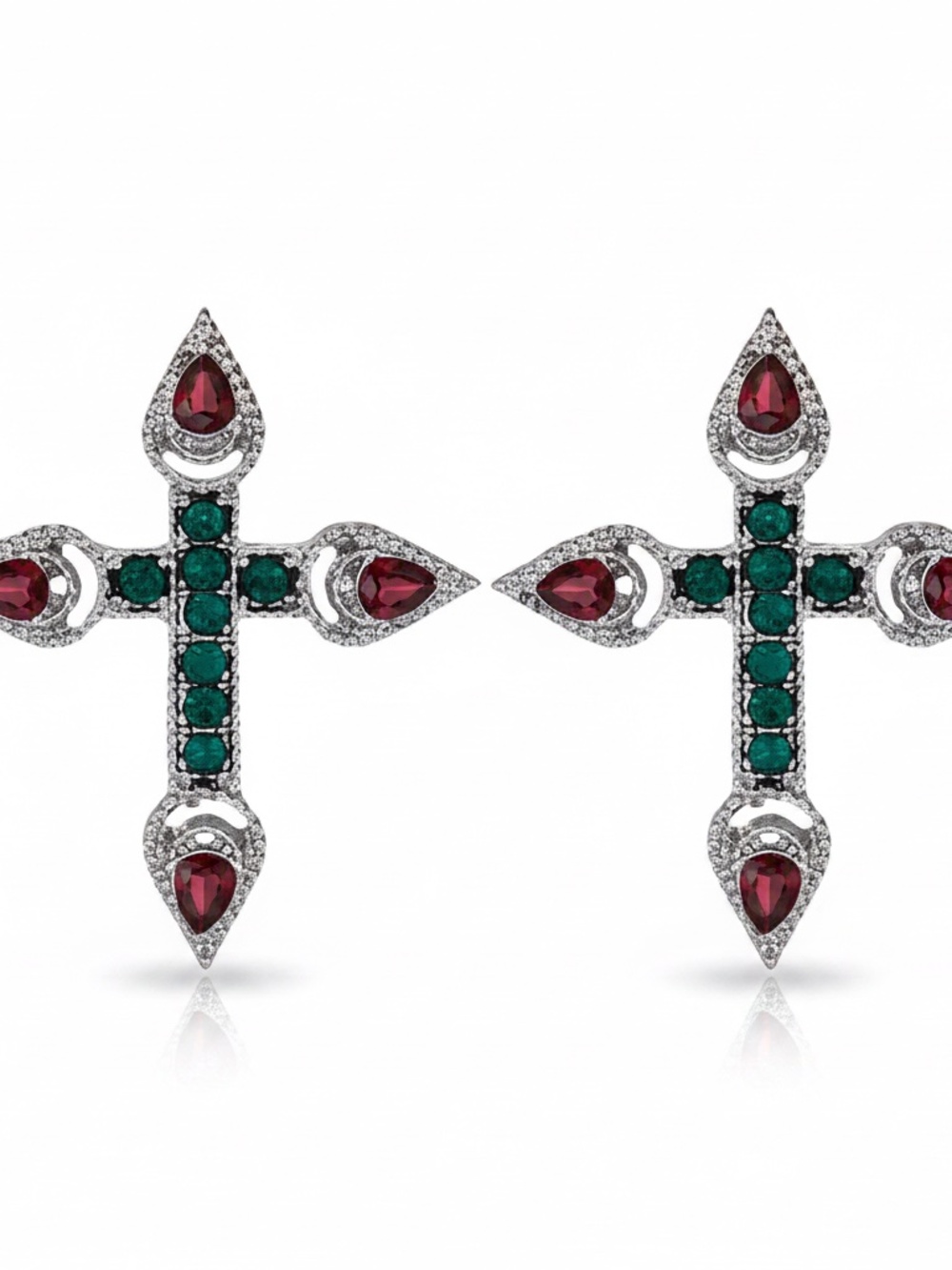Womens Cross Red Green Stud Earrings